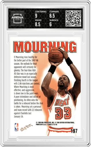 Alonzo Mourning from the 1997-98 Skybox Z-Force set graded by Arena Club and given an overall grade of 6.5.