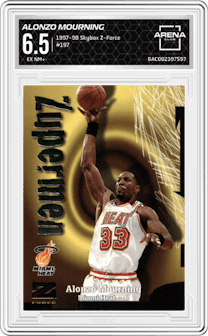 Alonzo Mourning from the 1997-98 Skybox Z-Force set graded by Arena Club and given an overall grade of 6.5.