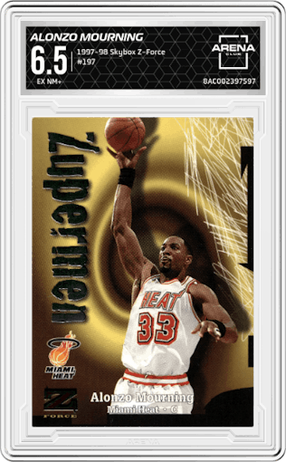 Alonzo Mourning from the 1997-98 Skybox Z-Force set graded by Arena Club and given an overall grade of 6.5.