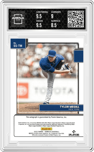 Tylor Megill from the 2022 Panini Donruss set graded by Arena Club and given an overall grade of 9.