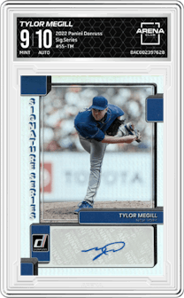 Tylor Megill from the 2022 Panini Donruss set graded by Arena Club and given an overall grade of 9.