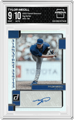 Tylor Megill from the 2022 Panini Donruss set graded by Arena Club and given an overall grade of 9.