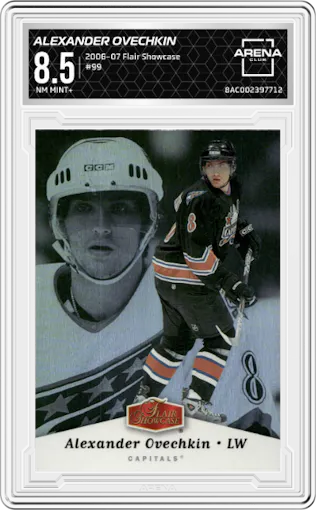 Alexander Ovechkin from the 2006-07 Flair Showcase set graded by Arena Club and given an overall grade of 8.5.