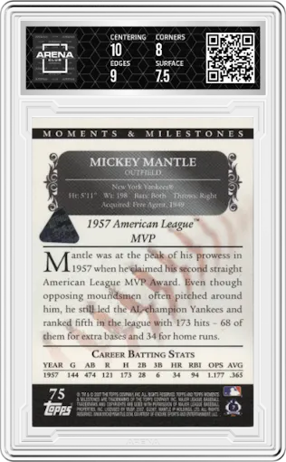 Mickey Mantle from the 2007 Topps Moments & Milestones set featuring a Red parallel graded by Arena Club and given an overall grade of 8.
