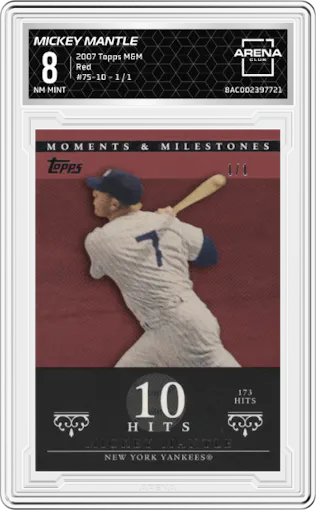 Mickey Mantle from the 2007 Topps Moments & Milestones set featuring a Red parallel graded by Arena Club and given an overall grade of 8.