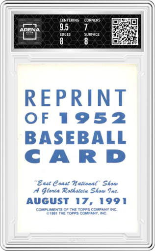 Mickey Mantle from the 1991 East Coast National Reprints set graded by Arena Club and given an overall grade of 7.5.