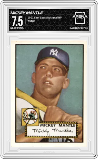 Mickey Mantle from the 1991 East Coast National Reprints set graded by Arena Club and given an overall grade of 7.5.