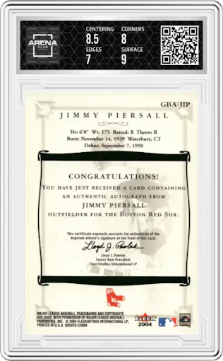 Jimmy Piersall from the 2004 Fleer Greats of the Game set graded by Arena Club and given an overall grade of 7.5.