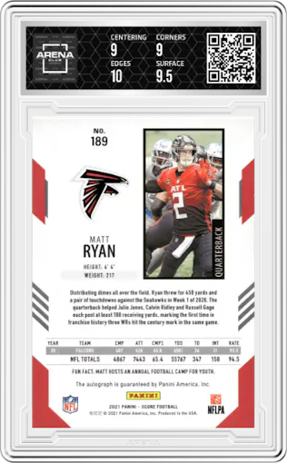 Matt Ryan from the 2021 Panini Score set featuring a Gold Zone parallel graded by Arena Club and given an overall grade of 9.5.