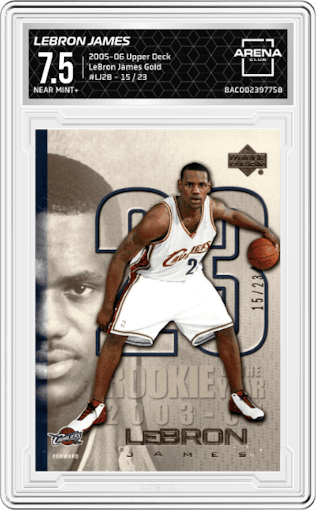 LeBron James from the 2005-06 Upper Deck set featuring a Gold parallel graded by Arena Club and given an overall grade of 7.5.