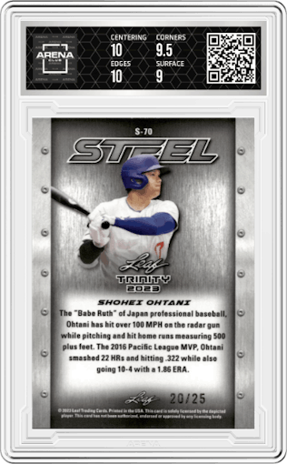 Shohei Ohtani from the 2023 Leaf Trinity set featuring a Lava Pink parallel graded by Arena Club and given an overall grade of 9.5.