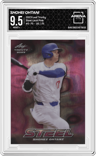 Shohei Ohtani from the 2023 Leaf Trinity set featuring a Lava Pink parallel graded by Arena Club and given an overall grade of 9.5.