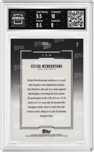Victor Wembanyama from the 2024-25 Topps Now set graded by Arena Club and given an overall grade of 9.5.