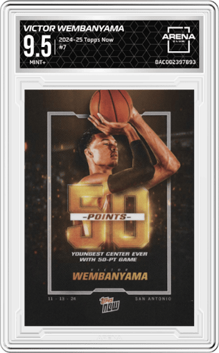 Victor Wembanyama from the 2024-25 Topps Now set graded by Arena Club and given an overall grade of 9.5.