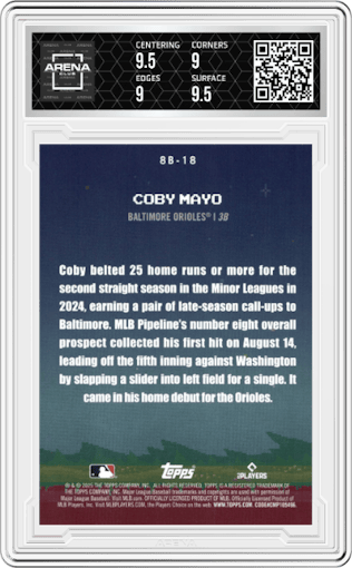 Coby Mayo from the 2025 Topps set graded by Arena Club and given an overall grade of 9.5.