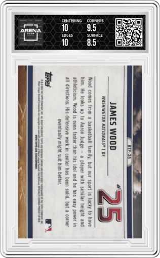 James Wood from the 2023 Bowman  set graded by Arena Club and given an overall grade of 9.