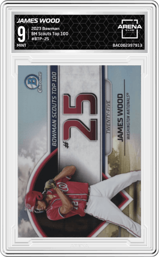 James Wood from the 2023 Bowman  set graded by Arena Club and given an overall grade of 9.
