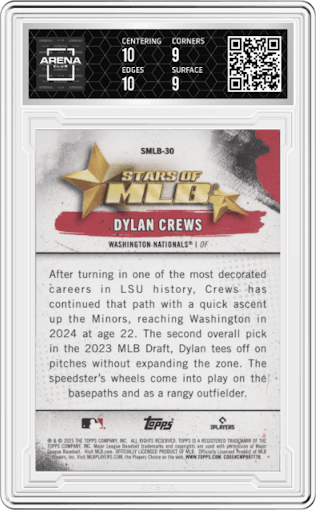 Dylan Crews from the 2025 Topps set graded by Arena Club and given an overall grade of 9.5.
