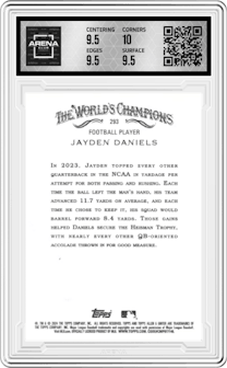 Jayden Daniels from the 2024 Topps Allen & Ginter set graded by Arena Club and given an overall grade of 10.