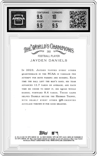 Jayden Daniels from the 2024 Topps Allen & Ginter set graded by Arena Club and given an overall grade of 10.