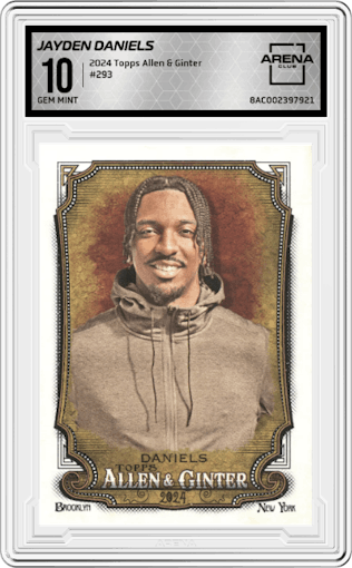 Jayden Daniels from the 2024 Topps Allen & Ginter set graded by Arena Club and given an overall grade of 10.