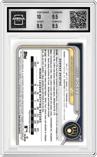 Mike Boeve from the 2024 Bowman set featuring a Orange Shimmer Refractor parallel graded by Arena Club and given an overall grade of 10.