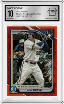 Mike Boeve from the 2024 Bowman set featuring a Orange Shimmer Refractor parallel graded by Arena Club and given an overall grade of 10.