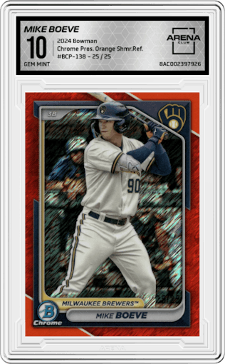 Mike Boeve from the 2024 Bowman set featuring a Orange Shimmer Refractor parallel graded by Arena Club and given an overall grade of 10.