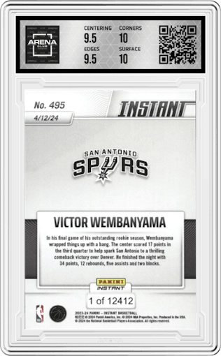 Victor Wembanyama from the 2023-24 Panini Instant NBA set graded by Arena Club and given an overall grade of 10.