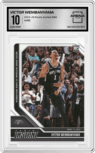 Victor Wembanyama from the 2023-24 Panini Instant NBA set graded by Arena Club and given an overall grade of 10.