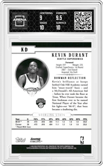 Kevin Durant from the 2007-08 Bowman Sterling set graded by Arena Club and given an overall grade of 9.5.