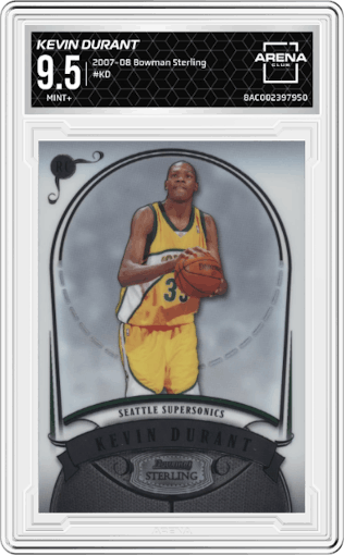 Kevin Durant from the 2007-08 Bowman Sterling set graded by Arena Club and given an overall grade of 9.5.