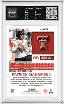 Patrick Mahomes II from the 2017 Panini Score set graded by Arena Club and given an overall grade of 9.5.
