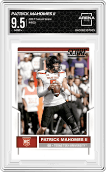 Patrick Mahomes II from the 2017 Panini Score set graded by Arena Club and given an overall grade of 9.5.