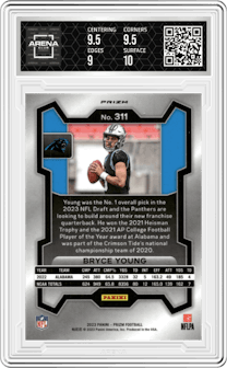 Bryce Young from the 2023 Panini Prizm set featuring a No Huddle Orange parallel graded by Arena Club and given an overall grade of 9.5.