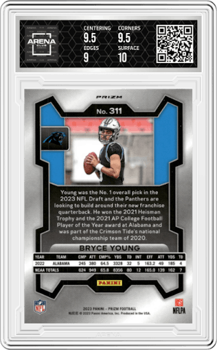 Bryce Young from the 2023 Panini Prizm set featuring a No Huddle Orange parallel graded by Arena Club and given an overall grade of 9.5.