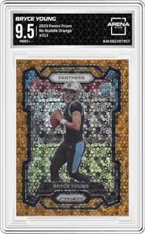 Bryce Young from the 2023 Panini Prizm set featuring a No Huddle Orange parallel graded by Arena Club and given an overall grade of 9.5.