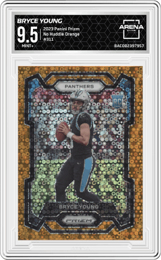Bryce Young from the 2023 Panini Prizm set featuring a No Huddle Orange parallel graded by Arena Club and given an overall grade of 9.5.