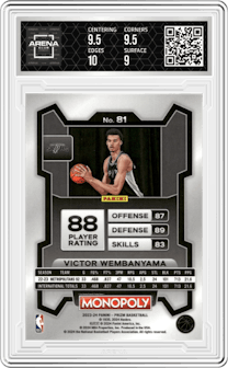 Victor Wembanyama from the 2023-24 Panini Prizm Monopoly set graded by Arena Club and given an overall grade of 9.5.