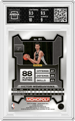 Victor Wembanyama from the 2023-24 Panini Prizm Monopoly set graded by Arena Club and given an overall grade of 9.5.