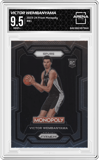 Victor Wembanyama from the 2023-24 Panini Prizm Monopoly set graded by Arena Club and given an overall grade of 9.5.