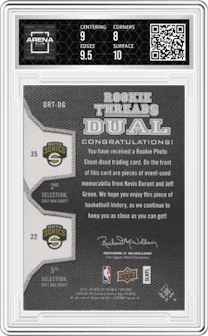 Kevin Durant/Jeff Green from the 2007-08 Upper Deck SP Rookie Threads set featuring a Parallel parallel graded by Arena Club and given an overall grade of 8.5.