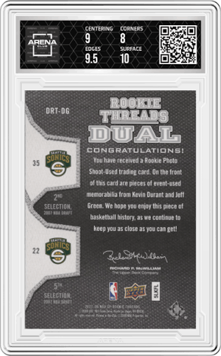 Kevin Durant/Jeff Green from the 2007-08 Upper Deck SP Rookie Threads set featuring a Parallel parallel graded by Arena Club and given an overall grade of 8.5.