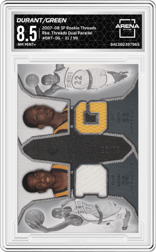Kevin Durant/Jeff Green from the 2007-08 Upper Deck SP Rookie Threads set featuring a Parallel parallel graded by Arena Club and given an overall grade of 8.5.