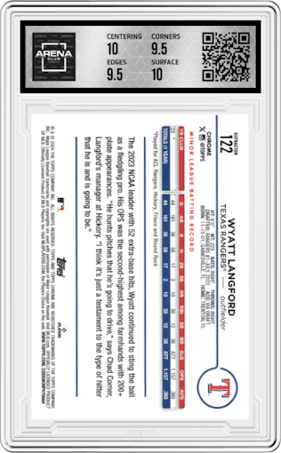 Wyatt Langford from the 2024 Topps Chrome set featuring a Refractor parallel graded by Arena Club and given an overall grade of 10.