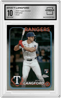 Wyatt Langford from the 2024 Topps Chrome set featuring a Refractor parallel graded by Arena Club and given an overall grade of 10.