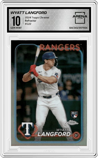 Wyatt Langford from the 2024 Topps Chrome set featuring a Refractor parallel graded by Arena Club and given an overall grade of 10.