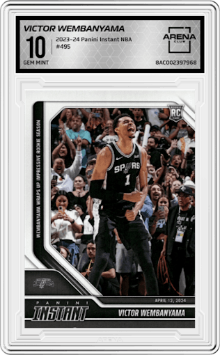 Victor Wembanyama from the 2023-24 Panini Instant NBA set graded by Arena Club and given an overall grade of 10.