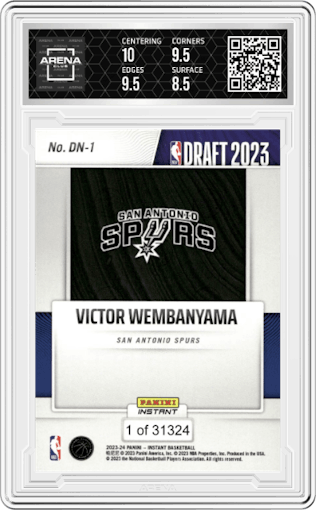 Victor Wembanyama from the 2023-24 Panini Instant NBA Draft Night set graded by Arena Club and given an overall grade of 9.