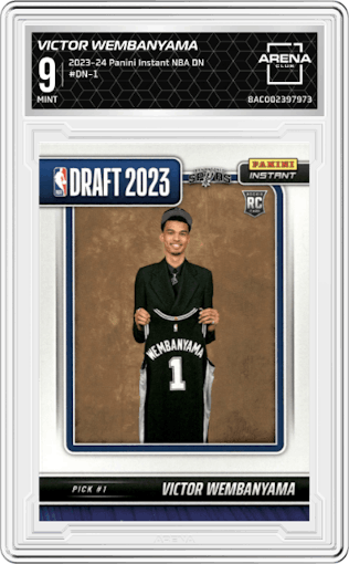 Victor Wembanyama from the 2023-24 Panini Instant NBA Draft Night set graded by Arena Club and given an overall grade of 9.
